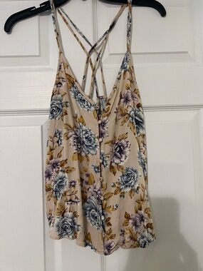 Floral Button-Front Spaghetti Strap Tank - Beige with Blue & Mauve Flowers